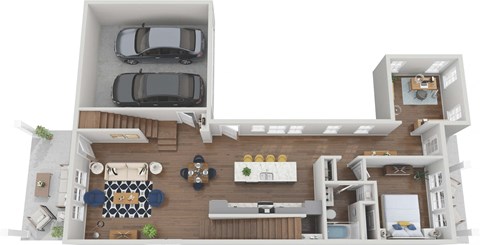 a rendering of the 1 bedroom floor plan with a car and a balcony